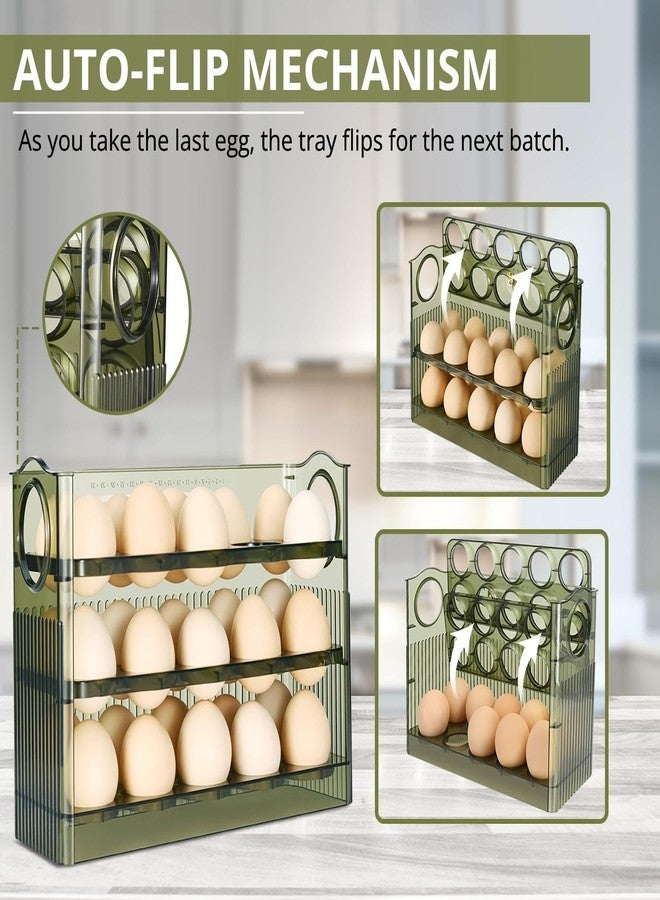 فليكسزيون منظم بيض الثلاجة القابل للطي من فليكسزيون - حامل رفيع لباب الثلاجة، سعة 30 بيضة، حاوية تخزين شفافة من 3 طبقات مع مؤشر نضارة، أخضر - Image 4